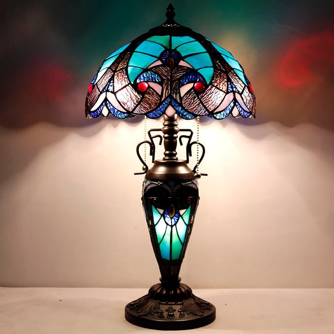 WERFACTORY Tiffany Style Table Lamp Green Stained Glass Liaison Lamp 12X12X22 Inches Mother-Daughter Vase Desk Reading Light Decor Bedroom Living Room Home Office S160G Series