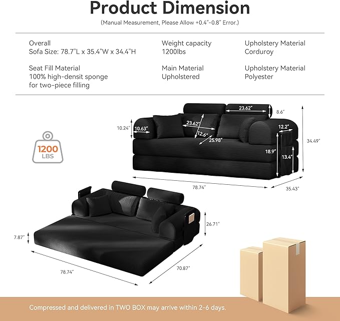 Upgrade High Backrest Design Sofa Bed with Fixed-Shape Frame & Removable Armrests and Backrest, Corduroy Fabric, Convertible Mattress Couch for Small Spaces - No Assembly Needed (High Backrest Black)