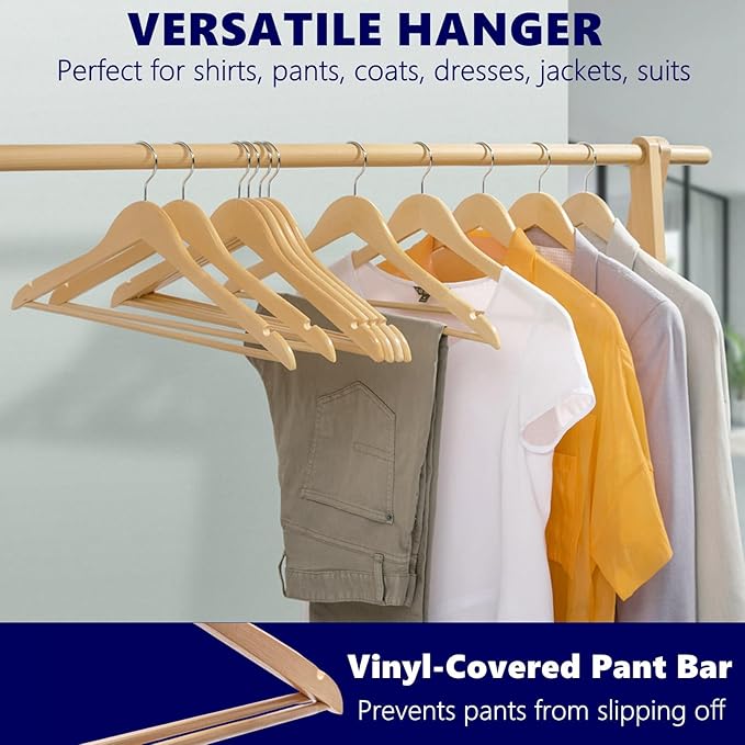 Amber Home 20 Pack Wooden Coat Hangers, Natural Wood Suit Hangers with Non Slip Pant Bar, Clothes Hangers for Shirts, Jackets, Dress, Pant (Natural, 20)