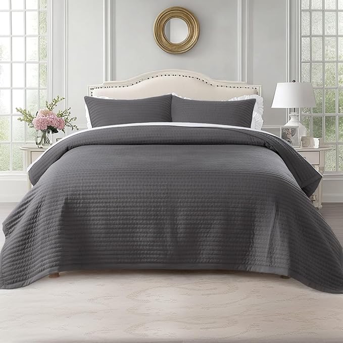 KASENTEX King XL Quilt Set 108"x98" – Soft Washed 3-Layer Lightweight Bedspread, Minimalist Nordic Design, All-Season Spring & Summer Quilt Set (1 Quilt + 2 Pillow Shams),Tornado Dark Grey