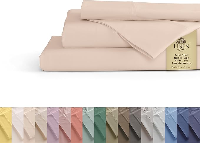 Linen Home 100% Cotton Percale Sheets King Size, Sand Shell, Deep Pocket, 4 Pieces Set - 1 Flat, 1 Deep Pocket Fitted Sheet and 2 Pillowcases, Crisp Cool and Strong Bed Linen