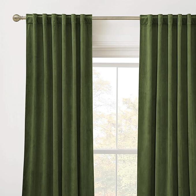 RYB HOME Velvet Curtains 72 inches Length, Back Tab & Rod Pocket Soft Fabric Curtains & Drapes for Home Office Attic Cafe Basement, Olive Green, W 52 x L 72, 2 Panels Set