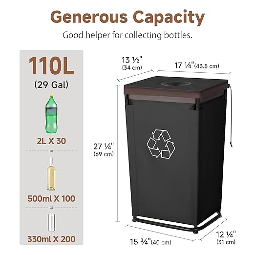 StorageWorks Recycling Bin with Lid, 29Gal Large Recycling Bin for Kitchen, Indoor Recycling Bins with 2 Reusable Washable Bags for Bottles and Cans, Steel Frame Fabric Sorter, 110L, Black