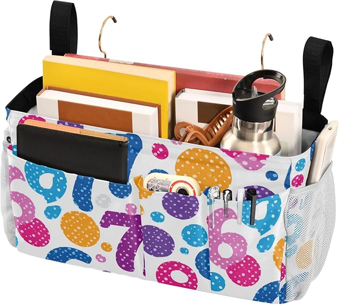 Bedside Caddy Hanging Bunk Bed Caddy Bed Organizer Hanging Pocket with 2 Hooks Bedside Storage Organizer Pocket Bag Holder Six Seven Flowers Colorful Polka Dots