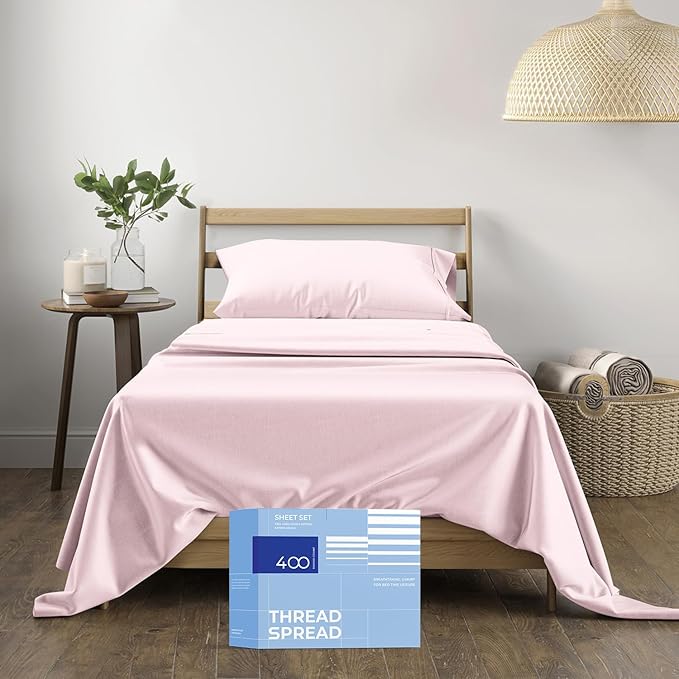 THREAD SPREAD 400 Thread Count Twin Cotton Sheets - 3 PC Twin Size Bed Sheet Set Cotton (Blush), Soft, Cooling, Sateen Weave Hotel-Quality 16" Deep Pocket Bedsheet for Hot Sleepers (Fits 18" Mattress)