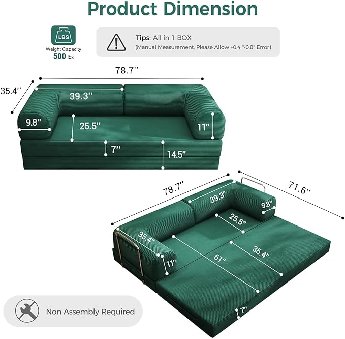4-in-1 Folding Convertible Sofa Bed, 78 Inch Boneless Couch with Fixed-Shape Frame, Corduroy Loveseat Sleeper with Pull Out Bed, Floor Sofa Modular Futon Couch for Living Room Bedroom Lounge