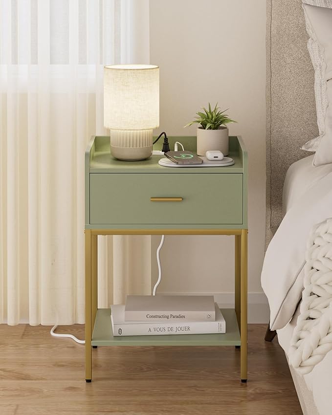 Masupu Nightstand with Charging Station,3-Tier Modern Bedside Night Stand with Storage Drawer and Shelf,Small End Side Table for Bedroom,Living Room,Gold and Green