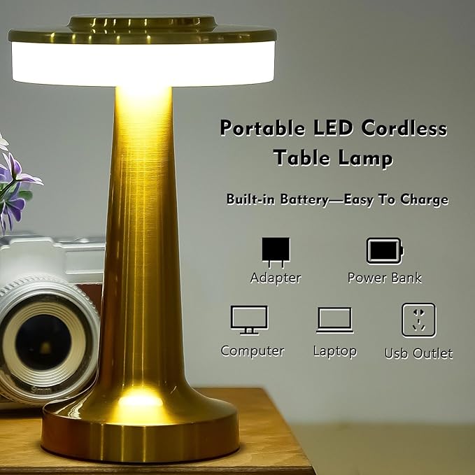 VIHOSE Cordless Table Lamps LED Portable Rechargeable Table Lamp with Touch Sensor 3 Color Dimming up to 15 Hours Battery Desk Light for Restaurant Nursery Living Room(Gold,12 Pcs)