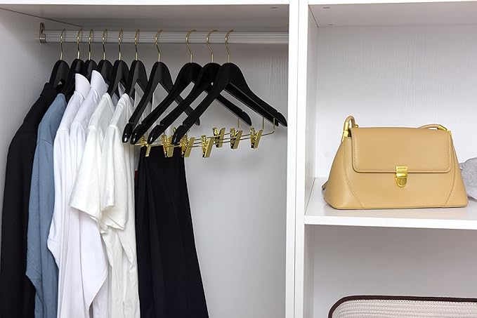 Quality Black Wooden Skirt Hangers with Clips, 20-Pack Smooth Solid Wood Pants Hangers with Durable Adjustable Metal Clips, Swivel Hook, Coat, Jacket, Blouse Suit Hangers (Black-Gold Hook, 20)