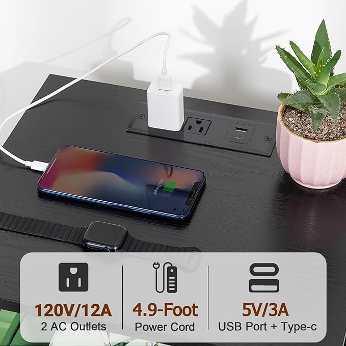 AMHANCIBLE Night Stand Set 2, LED Nightstand with Charging Station, End Tables Living Room with Fabric Drawers, Bed Side Table for Bedroom, Black, HET052LBK