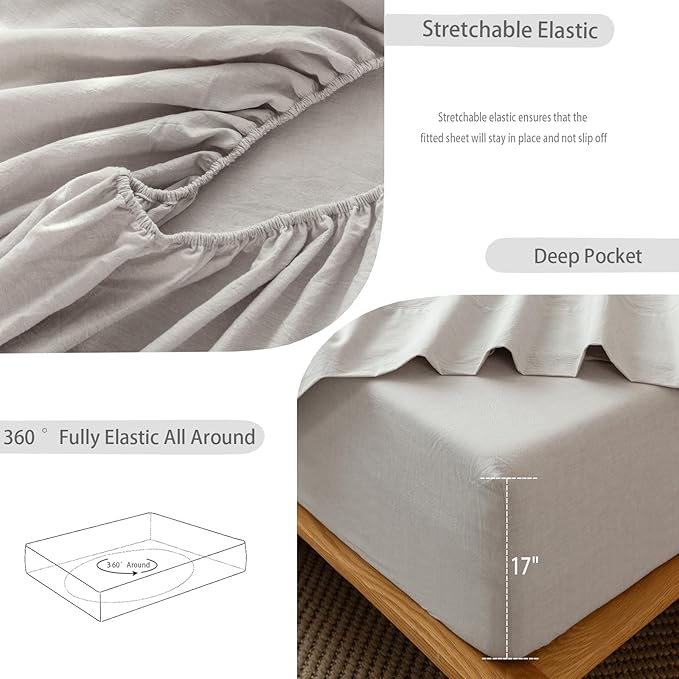 MooMee Fitted Bottom Sheet Only 100% Washed Cotton Linen Like Textured Breathable Durable Soft Comfy Deep Pocket Fits Mattress up to 17" (Natural Linen, Twin)