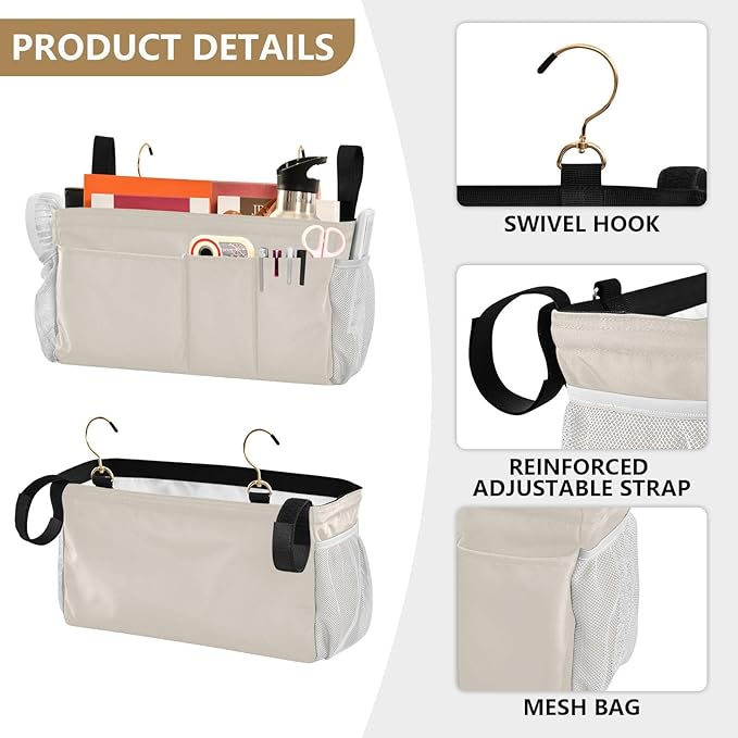 KOPIRIT Beige Bedside Caddy Storage Bag Bedside Organizer for Bed Rails College Dorm Room Organizer Caddy Hanging Shelf 6 Pockets with Hooks for Book Glasses Phone Holder
