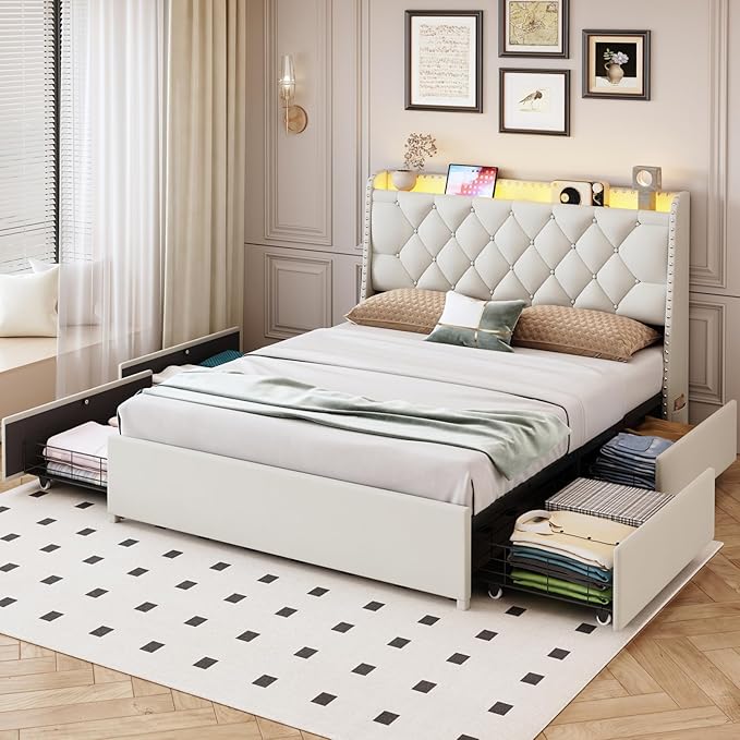 Queen Size Bed Frame with 4 Drawers and Storage Headboard, Upholstered Button Tufted Platform Bed Queen with Led Lights and Charging Station, No Box Spring Needed, Easy Assembly, Noise Free, Beige