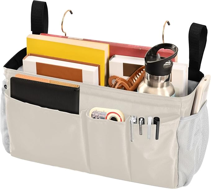 KOPIRIT Beige Bedside Caddy Storage Bag Bedside Organizer for Bed Rails College Dorm Room Organizer Caddy Hanging Shelf 6 Pockets with Hooks for Book Glasses Phone Holder