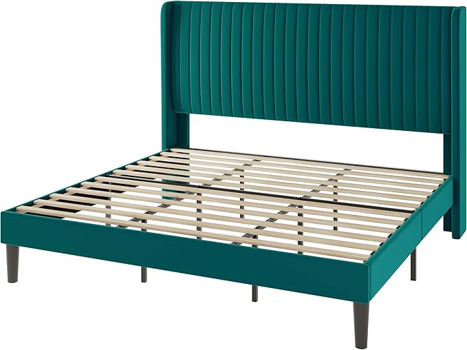 Allewie King Size Bed Frame/Velvet Upholstered Platform Bed/Vertical Channel Tufted Wingback Headboard/Strong Wooden Slats/No Box Spring Needed/Easy Assembly/Teal