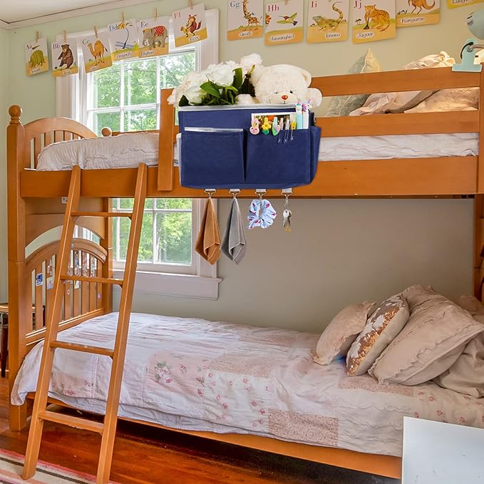 Bedside Storage Organizer 5 Pockets with 4 Hooks Hanging Storage Bag for Headboards/Bunk Bed (Dark Blue)