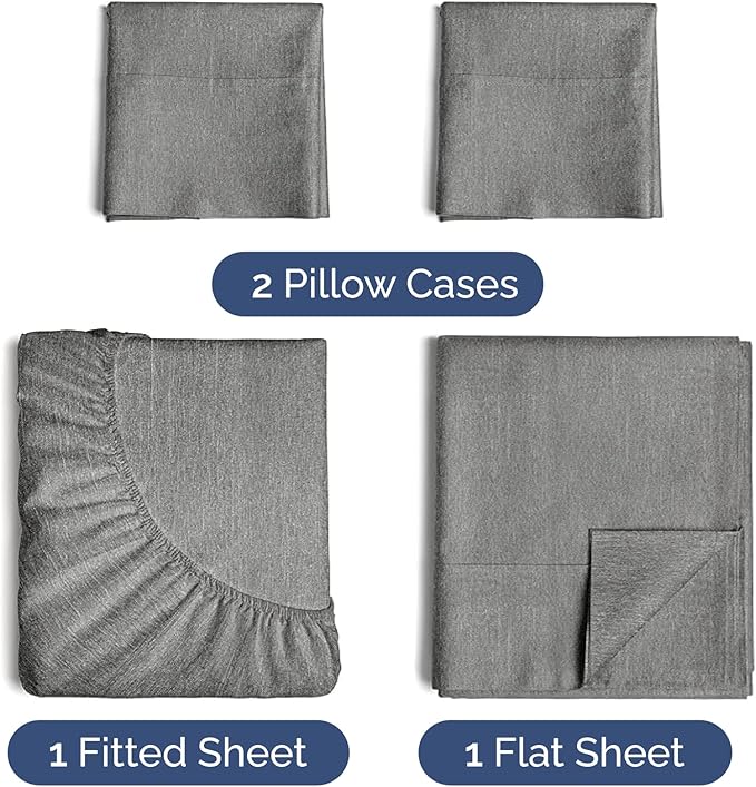 Twin XL 4 Piece Sheet Set - Cooling & Breathable - Hotel Luxury Bedding, Includes Fitted Sheet for Women, Men, Kids & Teens - 1 Flat, 1 Fitted Sheet, 2 Pillowcases w/Deep Pockets - Heathered Grey