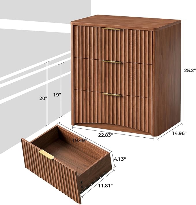 Evermagin Fluted Nightstand Set of 2, Walnut Bedside Table with 3 Drawers, Wood End Table with Storage Mid Century Modern, Large Night Stand for Bedroom