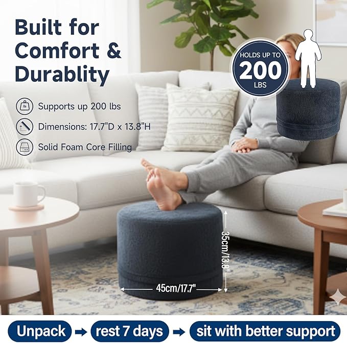 Tiita Stuffed Pouf Ottoman, Round Foot Stool Fluffy Floor Poufs Chair for Living Room Bedroom, Filled Boho Foot Rest for Couch, Blue-Grey