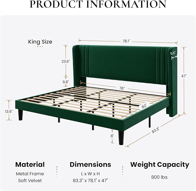 SHA CERLIN King Size Velvet Upholstered Platform Bed Frame with Vertical Channel Tufted Wingback Headboard, Wooden Slats Support, Easy Assembly, Under Bed Storage, No Box Spring Required, Green
