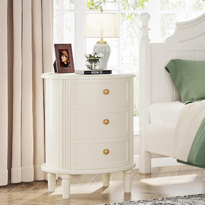 Tribesigns Nightstand with 3 Drawers, Set of 2, Oval Bed Side Table for Bedroom, Fully Assembled, Wooden Side End Table with Solid Wood Legs for Living Room, Beige White