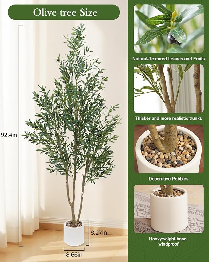 Olive Tree 8FT Fake Tree Faux Plants Indoor with Pot Artificial Tree Nearly Natural Olive Branches and Fruits for Living Room Home Office Decorations