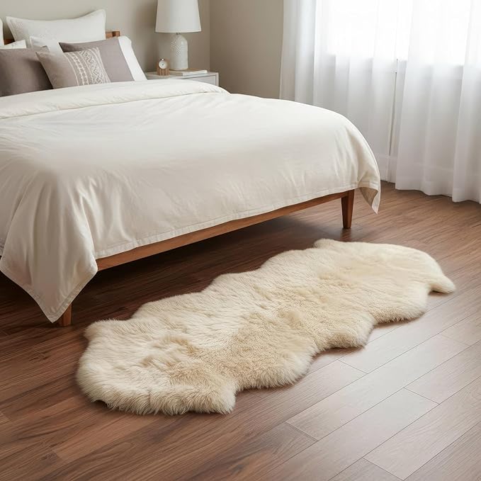 Premium Champagne Sheepskin Rug Genuine Double 2x6ft Pelt Fluffy Fur Rug for Bedrooms