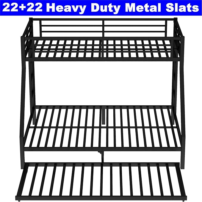 Upgraded Version Thicken Stronger Metal Heavy-Duty Twin XL Over Queen Bunk Bed with Twin Size Trundle, Twin Over Queen Bunk Bed for Adults with Ladders, Easy Assemble (Twin XL/Queen)
