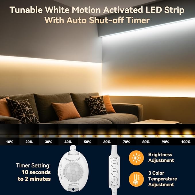 Motion Sensor Under Bed Lights, 2x6.56ft 3000K-6500K White Motion Activtaed LED Strip Lights with Auto-Off Timer, IP65 Waterproof Motion Sensor LED Light Strip for Bedroom Cabinet Stair Closet Mirror