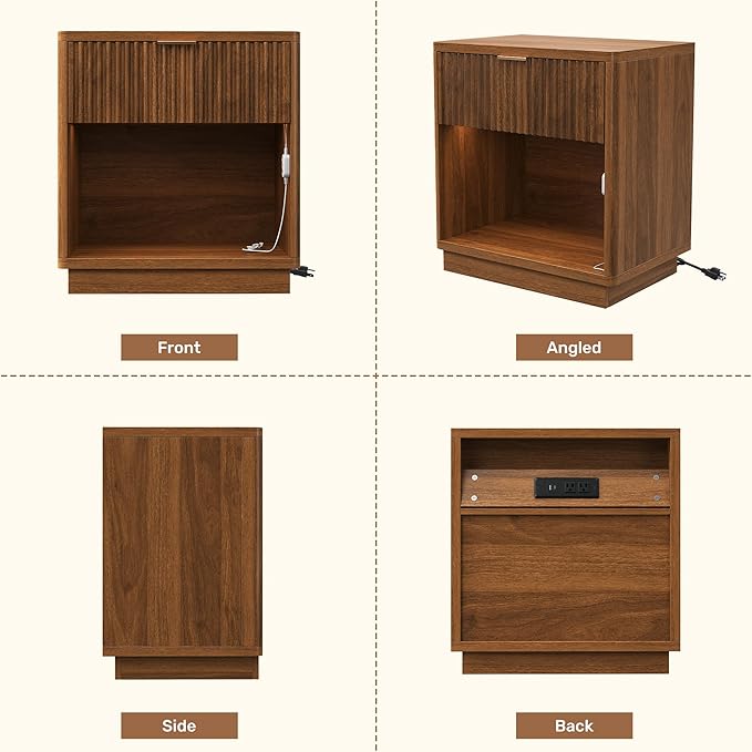 Miereirl Fluted Nightstand with Charging Station, Wood Mid Century Modern Night Stands Storage Cabinet for Bedside Table with Metal Handle Drawers, Walnut Oak