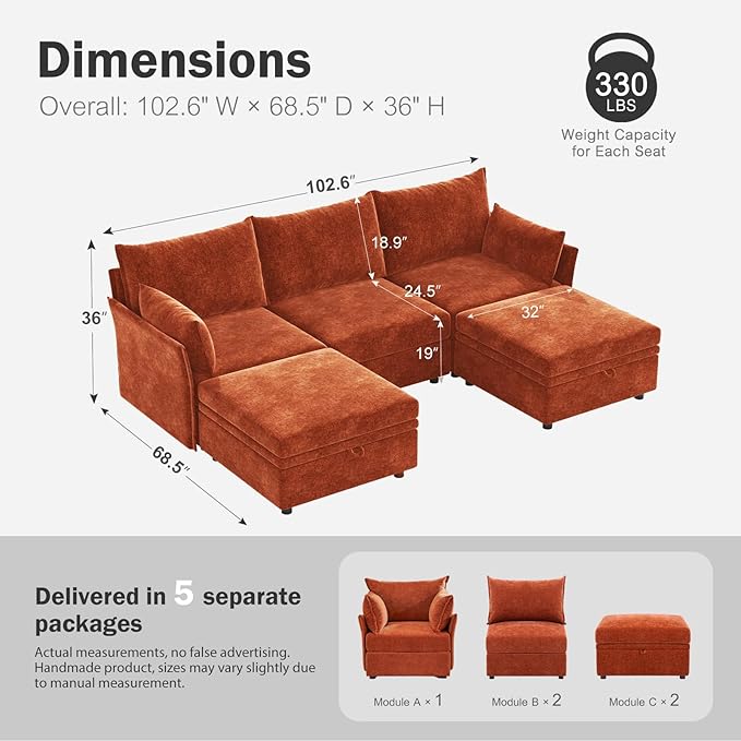 ABCASA 102.6" U Shaped Modular Sectional Sofa, 5 Seater Couch with Storage Ottoman Deep Seat and High Backrest with Removable Cover for Living Room, Apartment - Chenille Terracotta Orange