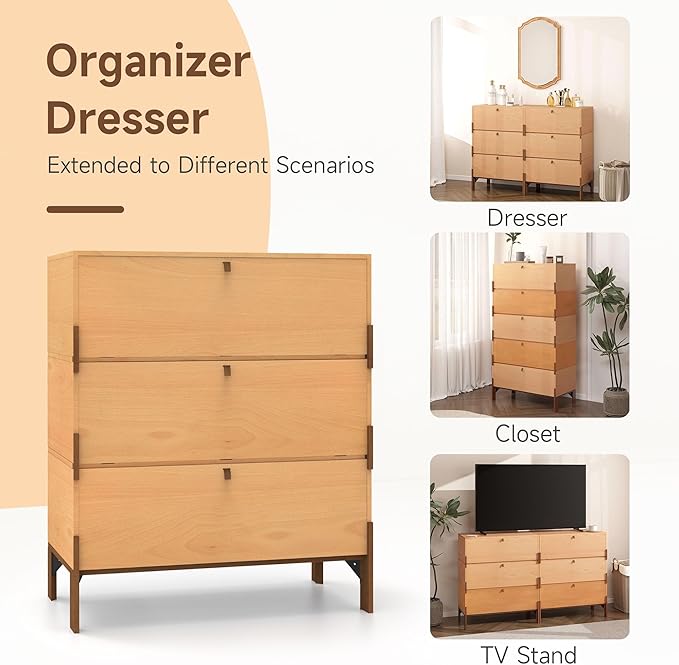 Stackable 3 Drawers Dresser, Customizable Chest of Drawers for Bedroom, Living Room, Hallway, Entryway, Closet, Easy Assembly Wood Furnitures Cabinet, 30 inch Width Beech Color