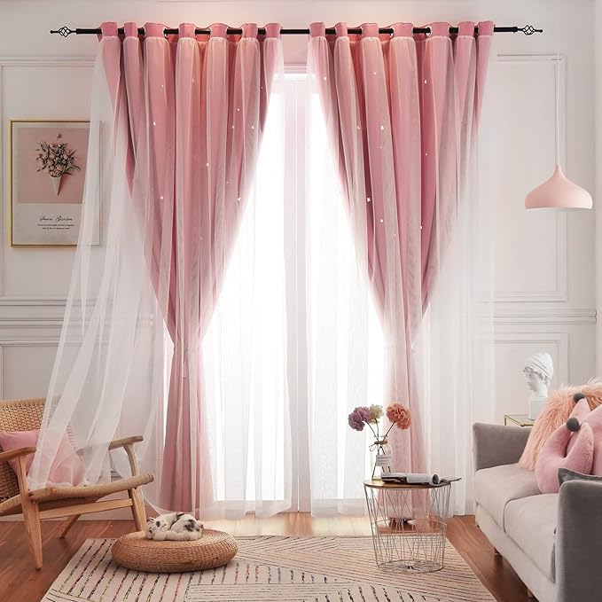Star Blackout Curtains - 2 Panel Set, 84 Inches Long, Pink, Nursery & Girls' Room, Cute Kids Design
