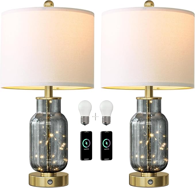 Oneach 22" Glass Table Lamps Set of 2, Gray Modern Bedside Lamp with LED Night Light for Living Room, Nightstand Lamp with USB Ports for Bedrooms, Study Room, End Table(2 Bulbs Included)