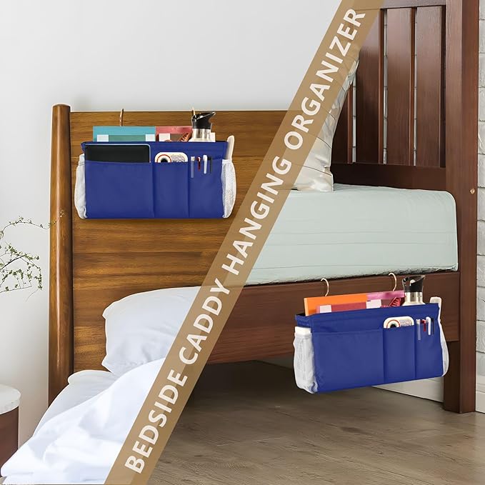 Blue Bedside Caddy Storage Bag Bedside Organizer for Bunk Bed Headboards College Organizer Caddy Hanging Shelf 6 Pockets with Hooks for Book Glasses Phone Holder