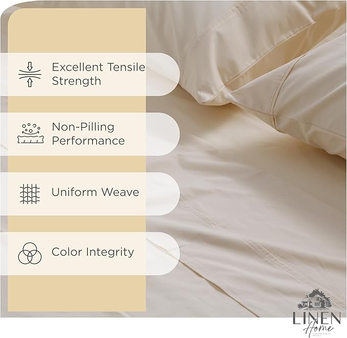 Linen Home 100% Cotton Percale Sheet Set Pack of 2, Queen Size, Ivory, Deep Pocket, 8 Pieces Set - 2 Flat, 2 Deep Pocket Fitted Sheet and 4 Pillowcases, Crisp Cool and Strong Bed Linen