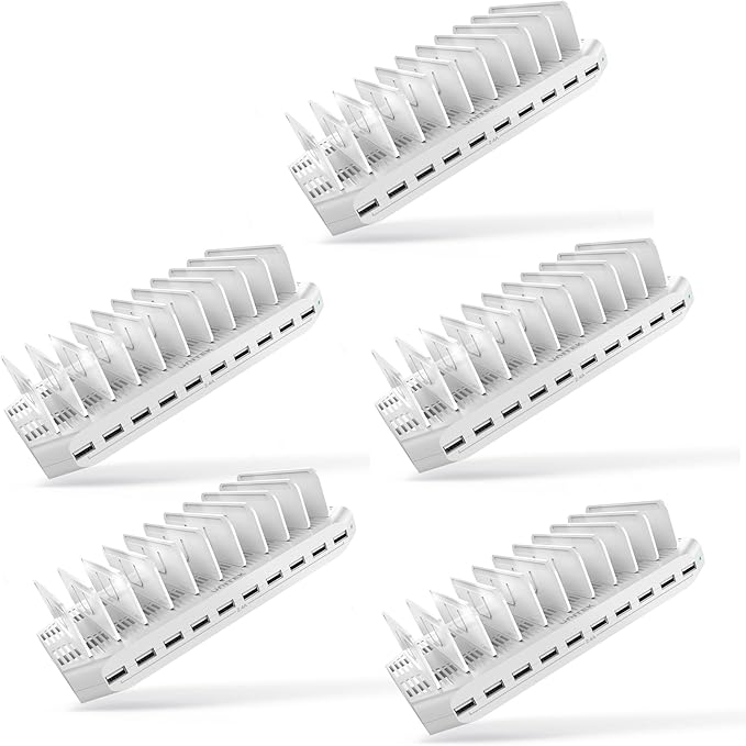 【5PCS】 Unitek Multi Charging Station, 10-Port USB Charger for Multiple Device with SmartIC Tech and Adjustable Dividers, Organizer Stand Compatible with iPad, Tablet, Kindle, iPhone - 5PCS, White