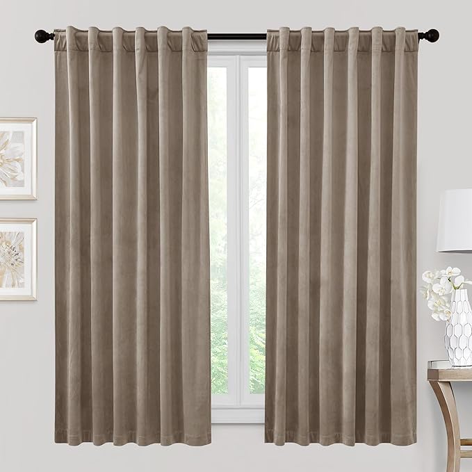 RYB HOME 72 inches Velvet Curtains for Farmhouse - Earth Tone Privacy Blackout Energy Efficient Window Treatment for Home Office Closet Cover, W52 x L72 inches, Taupe, 2 Pieces