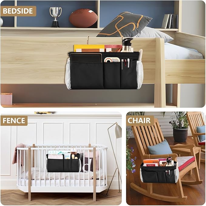KOPIRIT Black Bedside Caddy Storage Bag Bedside Organizer for Bed Rails College Dorm Room Organizer Caddy Hanging Shelf 6 Pockets with Hooks for Drinks Magazine Phone Holder