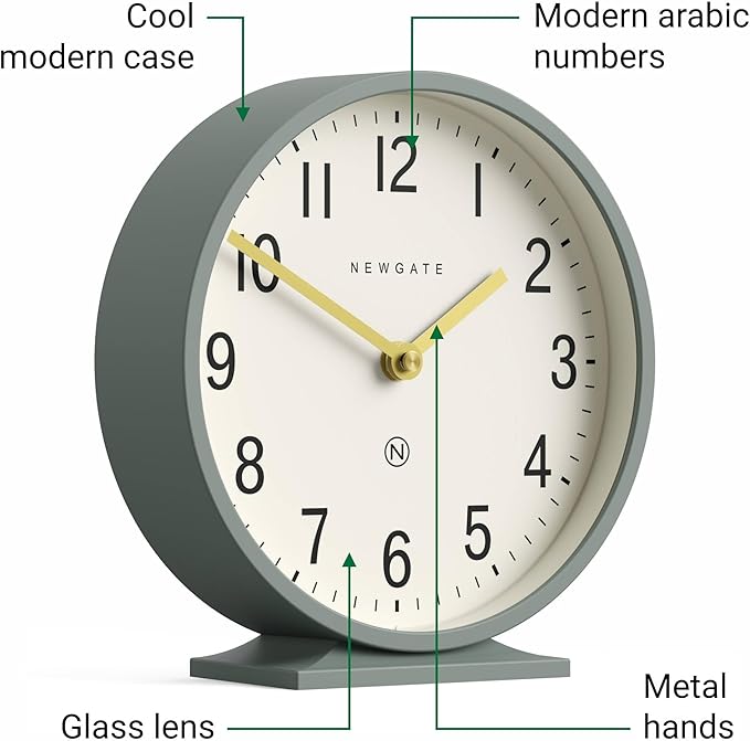 NEWGATE® Q Mantel Clock | Modern Classic Round Mantel Clock | Asparagus Green | Contemporary Style for Mantel, Desk, Table, Shelf or Bedside