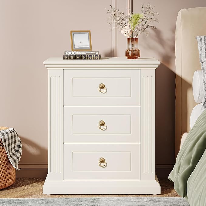 Tribesigns 3-Drawer Nightstand, Modern Bedside Table with Storage Drawers, Wood Night Stand Side End Table for Bedroom, Beige
