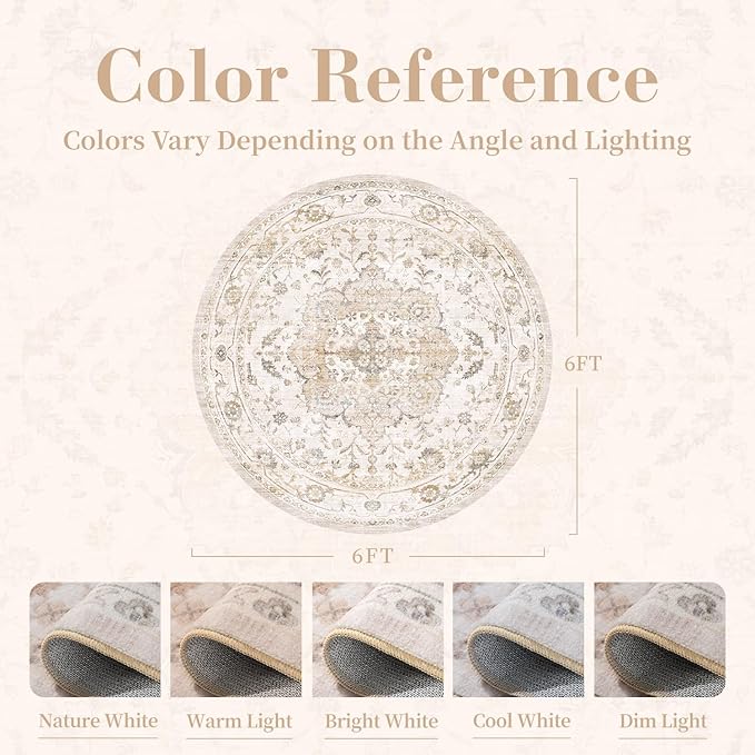 PADOOR 6FT Round Rug,Rugs for Living Room,Soft Beige Circle Rug,Machine Washable Rugs for Bedroom,Non Slip Carpet,Rug for Dining Room Living Room Bedside Office