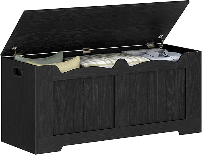 Hzuaneri 43.3" Storage Chest, Extra Large Storage Bench Trunk with 2 Hinges, Wooden Box, Lift-Top Chest Organizer, Shoe Bench for Entryway, Bedroom, Living Room, Black SB25504X