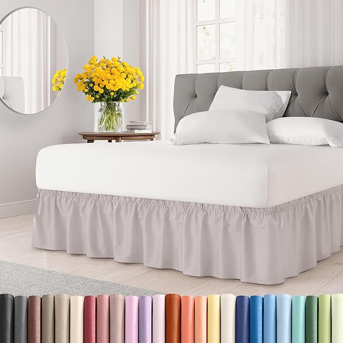 Wrap Around Dust Ruffle Bed Skirt - Light Grey - for Full Size Beds with 15 Inch Drop - Elastic Strap - Adjustable Pleated Bedskirt with Brushed Fabric and Wrinkle Free - for Women, Men, Kids & Teens