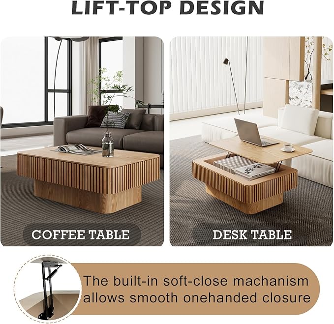 Lift Coffee Table with Storage & Adjustable Height, Solid Wood Coffee Table Fluted Center Table Accent Tea Table or Living Room, Apartment, Office (38.6" Natural)