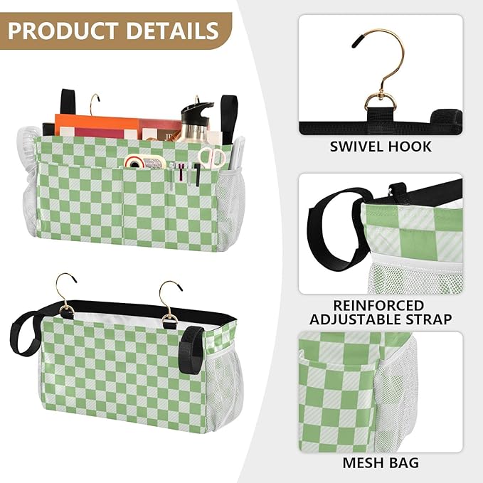 Bedside Caddy Hanging Bunk Bed Caddy Bed Organizer Hanging Pocket with 2 Hooks Bedside Storage Organizer Pocket Bag Holder Checkered Light Green