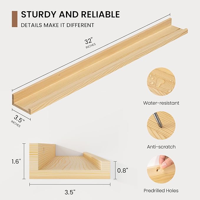 Picture Ledge Shelf, Floating Shelves Set of 2, 32 Inches Solid Wood Nursery Book Shelves for Toys Storage, Kids Bookshelf Wall Mounted for Living Room Decor Books Photo Frames, Unfinished Natural