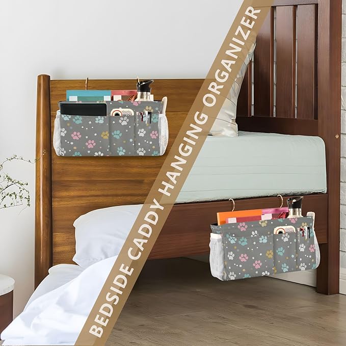 Bedside Caddy Hanging Bunk Bed Caddy Bed Organizer Hanging Pocket with 2 Hooks Bedside Storage Organizer Pocket Bag Holder Paw Print Dots Stars Grey