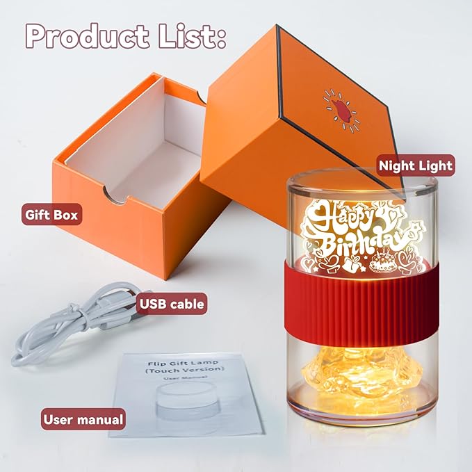 Happy Birthday Light for Table 3D Rose Flip LED Night Lights Color Changing Dimmable USB-C Input Rechargeable Touch Control Birthday Gift Lamps for Women Wife Mom Daughter