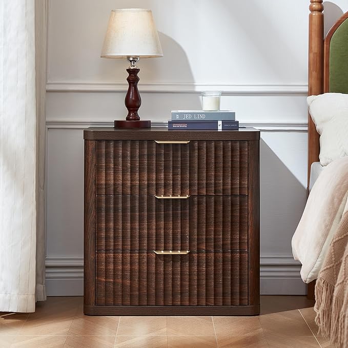 LEYAOYAO Fluted Nightstand with Charging Station, 23" Wide 3 Drawers Night Stand,Walnut End Table with Open Storage,Farmhouse Bed Side Tables, Wood Dresser for Bedroom, Living Room, Closet